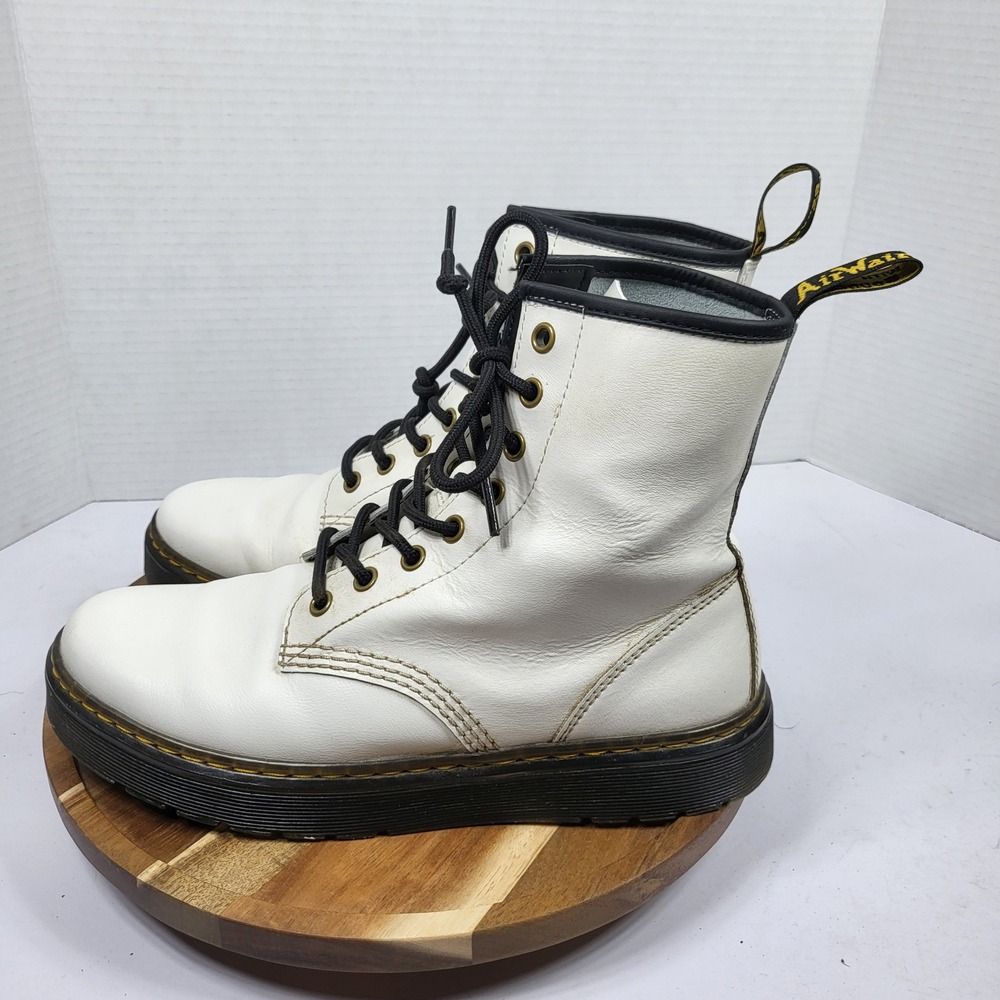 Dr. Martens Zavala Combat Boots Women 8 White Excellent Tumbled Leather 8-Eye